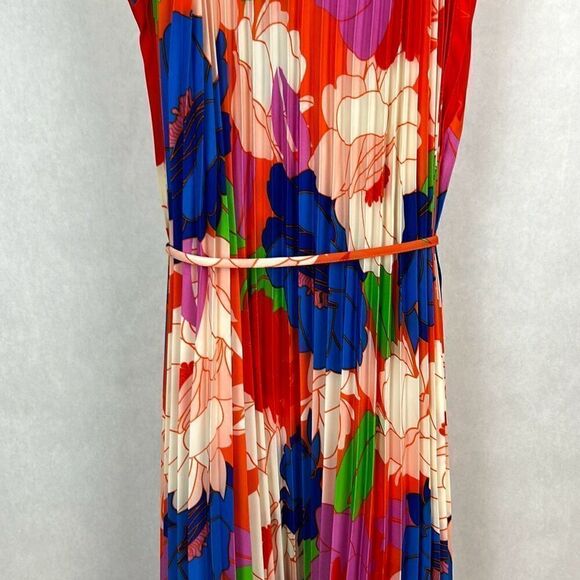 Sam Edelman Pleated Plisse Satin Belted Dress Sz S Multi Water Color Floral Midi - Picture 3 of 8